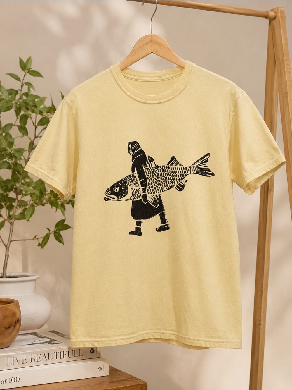 Vintage Fish Graphic Tee Yellow Nature Shirt